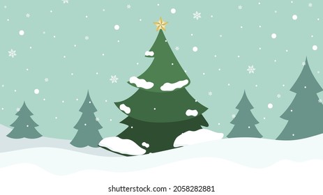 Bosque de pino de árbol de Navidad y montañas nevadas, fondo de diseño invernal para contenido en línea o web, banner y plantilla en temporada invernal , Diseño plano moderno , ilustración Vector EPS 10
