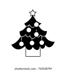 christmas tree pine star and balls decoration party vector illustration