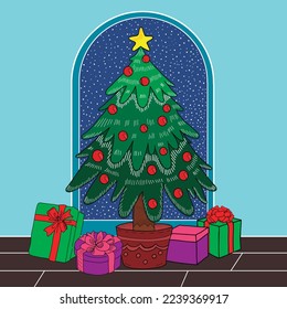 Árbol de Navidad. Pino con estrella, adornos y regalos.