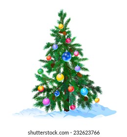 Christmas tree with pine-cones and christmas decorations on white background.