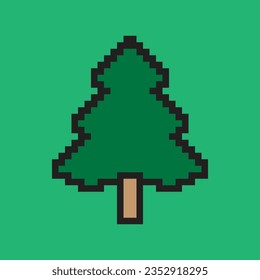 Christmas tree in pixel art design isolated on green background. Christmas and new year pixel art design. Vector illustration