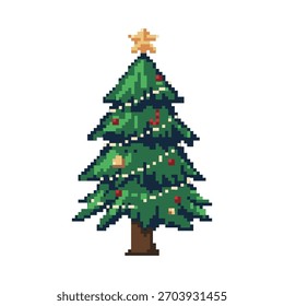 Árbol de Navidad Pixel Art Ilustración vectorial Video, Retro Juego Navidades Elemento.