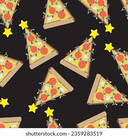 Christmas tree Pizza with christmas lights and star on the top. Seamless pattern. Vector illustration.