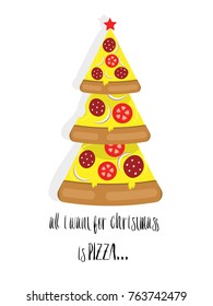 Christmas Tree pizza with text. Vector illustration