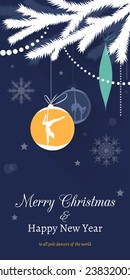 Christmas Tree with Pole Dancing Christmas Ornaments. Vector silhouettes of pole dancers painted on Christmas balls, hanging on christmas tree branch.