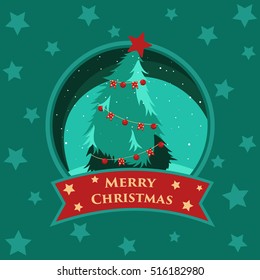 Christmas tree  postcard vector illustration. greeting Christmas card with decorated with lanterns and fairy lights Christmas tree