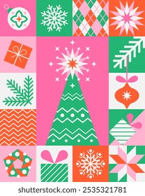 Christmas tree poster with geometric icons elements. Winter holiday season. Trendy abstract design in flat minimalist style. Vector illustration for cover, banner, greeting card,.