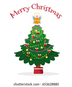 Christmas tree with pot and angel vector illustration isolated on white background