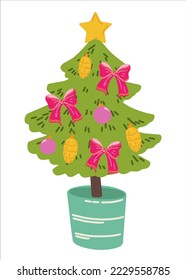 Weihnachtsbaum in einem Topf. Weihnachtsbaum mit Kugeln, Kästen und Bögen. Vektorgrafik für Drucke, Postkarten und Einladungen. Fröhlicher Feiertagshintergrund.