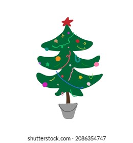 Christmas tree in pot bucket logo icon sign Xmas Happy New Year concept Hand drawn spruce Cartoon doodle design Children's style Fashion print clothes apparel greeting invitation card cover flyer ad