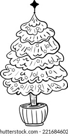 Christmas Tree in a Pot Coloring Book Illustration
