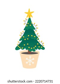 Christmas tree in a pot with garlands and star on top. New year potted fir flat vector illustration on white background.