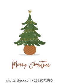 Christmas tree in pot. Holiday spruce with garland and star. Cozy home decoration on white background. Vector illustration in flat cartoon style.