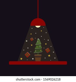 Christmas tree in a pot illuminated by a red lamp with gifts, stars and swirling snow on a dark purple background