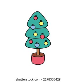 Christmas tree in pot isolated. Vector illustration of festive decorated doodle little tree. Cute cartoon Christmas symbol.