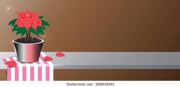 Árbol de Navidad en una olla colocada sobre un paño rosa-blanco. Fondo marrón. Concepto para iniciar la celebración