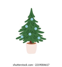 Christmas tree in pot. Traditional Xmas fir decorated for winter holidays. Festive firtree with balls, baubles decoration, growing in planter. Flat vector illustration isolated on white background