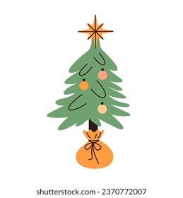 Christmas tree in pot. Traditional Xmas fir decorated for winter holidays. Festive firtree with balls.