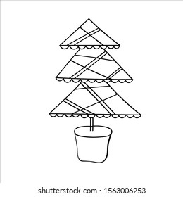 Christmas tree in a pot. Vector illustration in doodle style.Isolated object on a white background. New Year elements design  for  winter holidays, children books, coloring,poster, greeting card.
