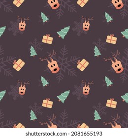 Christmas tree, Present box, deer head and snowflakes object in rounded corner theme seamless pattern background. Best for winter holiday fabric, giftwrap, scrapbook, greeting cards design projects.