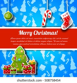 Christmas tree and present boxes holiday card with text field flat vector illustration