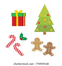 Christmas Tree, Present, Candy Cane, Mistletoe, Gingerbread Man Vector Illustration Set