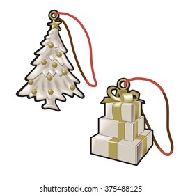 Christmas tree present charms in gold & silver with a loop and a red string