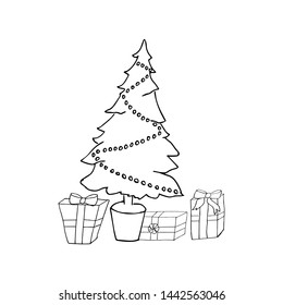 Christmas  tree with present. Holiday  background. Merry Christmas and Happy New Year. illustration. Beautiful card.