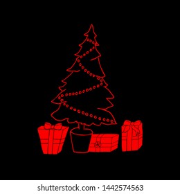 Christmas  tree with present. Holiday  black background. Red ink. Merry Christmas and Happy New Year. illustration. Beautiful card.