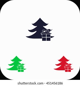 Christmas tree with present Illustration set. Blue, green, red icon.