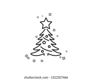 Christmas tree present line icon. New year spruce sign. Fir-tree symbol. Geometric shapes. Random cross elements. Linear Christmas tree icon design. Vector