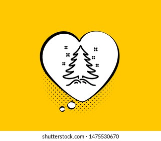 Christmas tree present line icon. Comic speech bubble. New year spruce sign. Fir-tree symbol. Yellow background with chat bubble. Christmas tree icon. Colorful banner. Vector