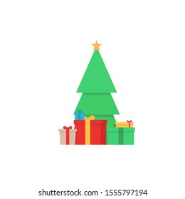Christmas tree and present on white background. Vector illustration in flat design