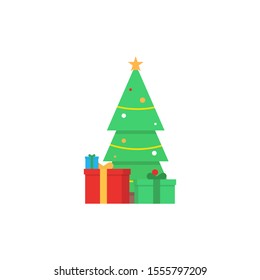 Christmas tree and present on white background. Vector illustration in flat design