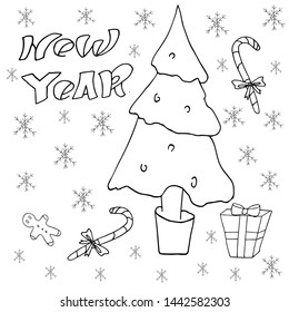 Christmas  tree with present and snowflakes. Holiday  white background. Black ink. Merry Christmas and Happy New Year. illustration. Beautiful card. Vector.
