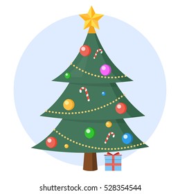 Christmas Tree With Present Vector Flat Design Isolated On Circle Background