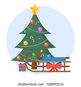 Christmas Tree With Present And Wooden Sledge Vector Flat Design Isolated On Circle Background