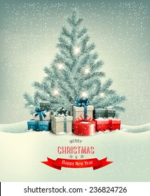 Christmas tree with presents background. Vector.