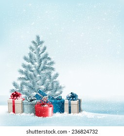 Christmas tree with presents background. Vector.