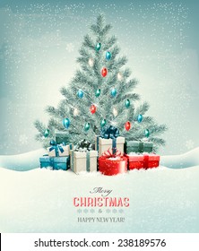 Christmas tree with presents background. Vector.