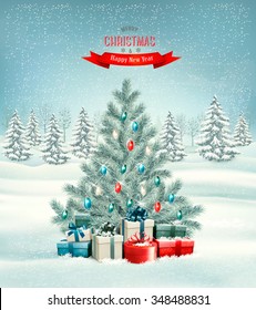 Christmas tree with presents background. Vector.