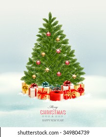 Christmas tree with presents background. Vector.