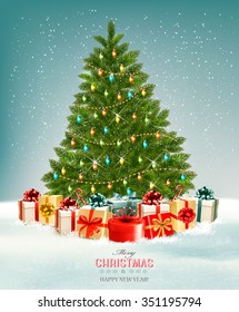 Christmas tree with presents background. Vector