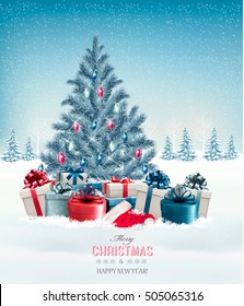 Christmas tree with presents background. Vector.