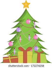Christmas tree with presents and big star on the top, and Christmas toys