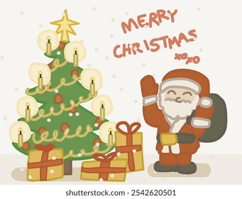 christmas tree  with presents and candles cartoon father santa man next to it. flat vector illustration on white background