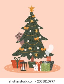 Christmas tree with presents concept. Decorated tree with wrapped gifts, lantern, hot drink and funny cat. Vector flat illustration