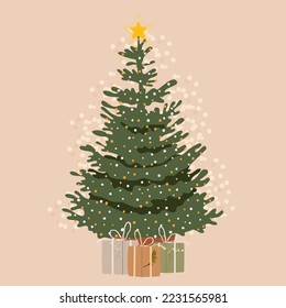 Christmas tree with presents decorated holiday garland and star topper. Xmas fir sparkling with lights. Vector illustration 