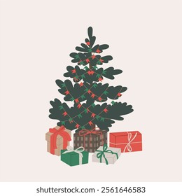 Christmas tree and presents. Christmas tree decorated with red and green garland. Merry Christmas and Happy New Year. Hand drawn vector illustration