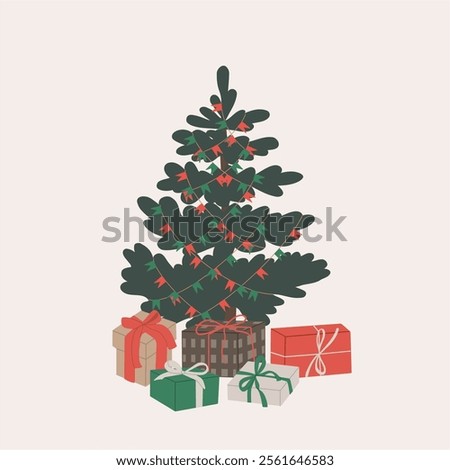 Christmas tree and presents. Christmas tree decorated with red and green garland. Merry Christmas and Happy New Year. Hand drawn vector illustration